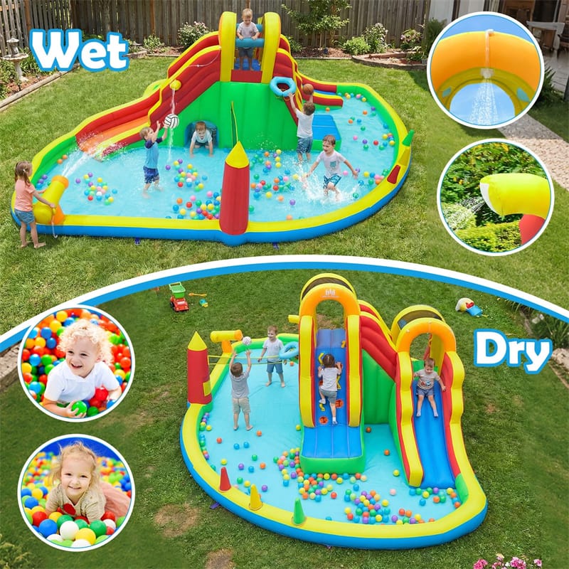Eletriclife 8-in-1 Inflatable Water Slide Park Giant Backyard Bounce House with 2 Long Slides & Climbing Walls