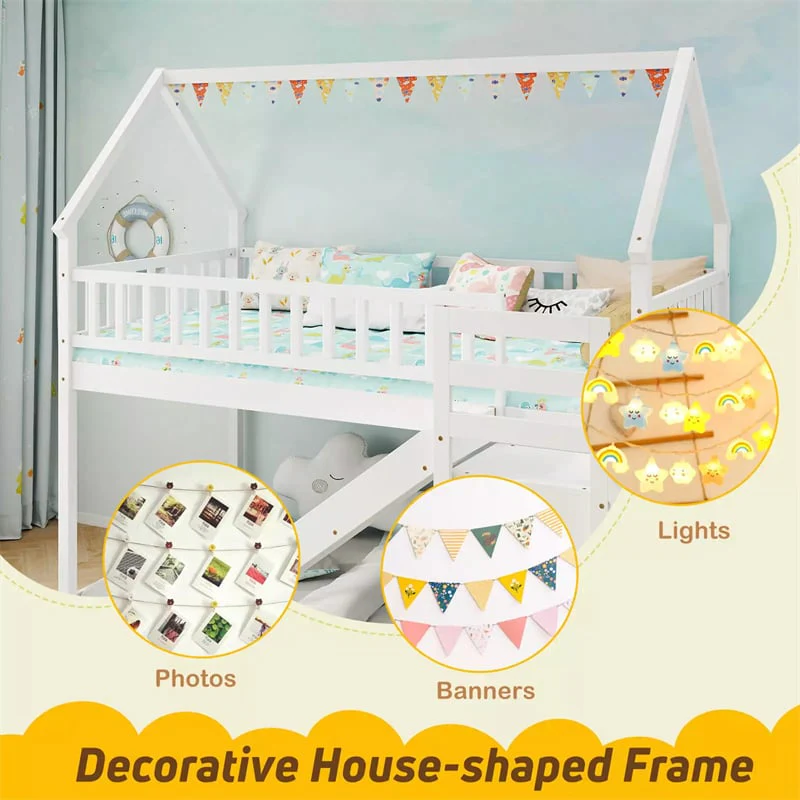 Eletriclife Twin Over Twin House Bunk Bed with Slide Staircases