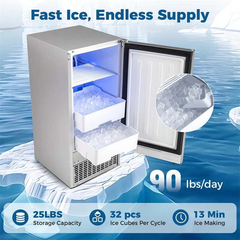 Eletriclife 90 LBS/Day Commercial Undercounter Ice Maker 15" Built-in Freestanding Ice Making & Cooling Machine