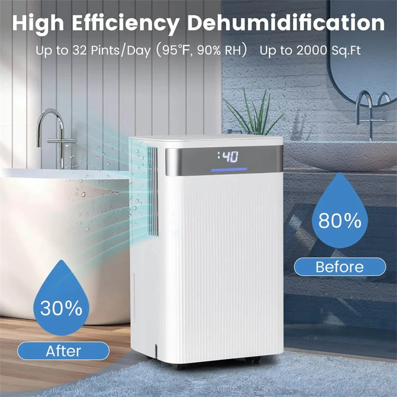 Eletriclife 32 Pints 2000 Sq.ft Basement Dehumidifier with Drain Hose, 24H Timer & 3-Color Indicator