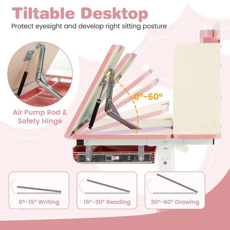 Eletriclife Height Adjustable Children Study Table and Chair with Bookshelf