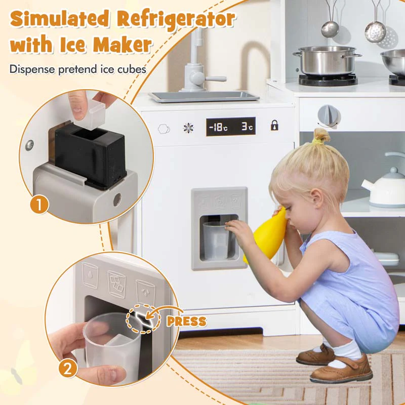 Eletriclife Pretend Play Kitchen Wooden Toy Set with Range Hood Real Sounds and Lights
