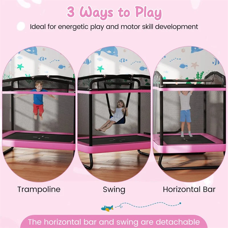 Eletriclife 6FT Kids Rectangle Trampoline with Swing, Horizontal Bar & Safety Enclosure, ASTM Certified for Indoor Outdoor