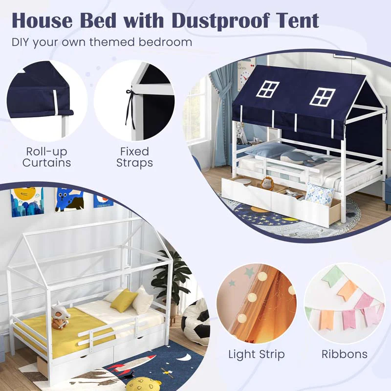 Eletriclife Kids Twin House Bed with Tent and 2 Storage Drawers