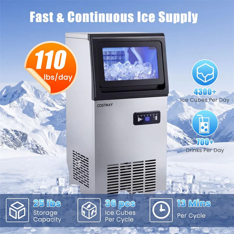 Eletriclife 110 LBS/24H Commercial Ice Maker Stainless Steel Ice Machine with 25 LBS Storage & 36 Cubes in 13 Mins