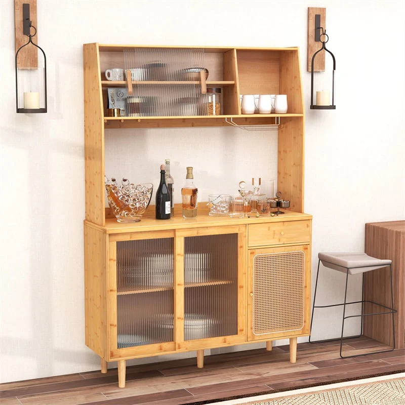 Eletriclife 69" Tall Bamboo Kitchen Pantry Hutch Cabinet Freestanding Buffet Sideboard with Wine Storage for Coffee Bar