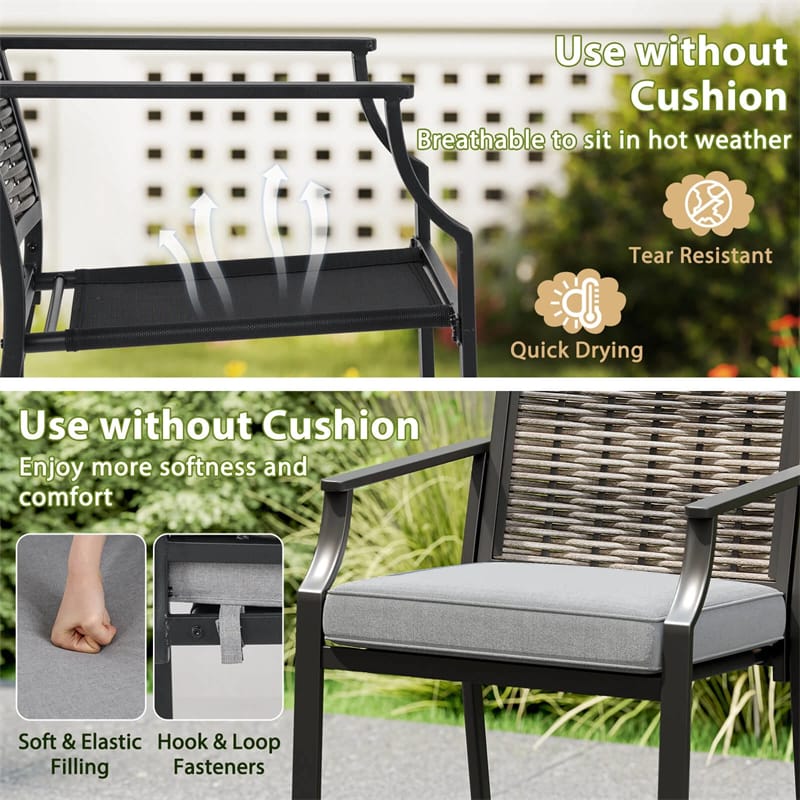 Eletriclife Outdoor Metal Bar Stools Set of 2 with Rattan Back, Armrest, Fabric Seat & Cushions