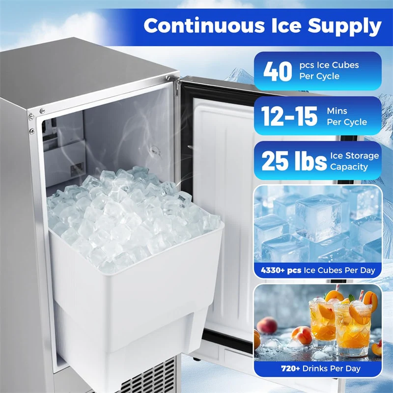 Eletriclife 110 LBS/24H Commercial Ice Maker 15" Built-in Undercounter Ice Machine with 25 LBS Storage
