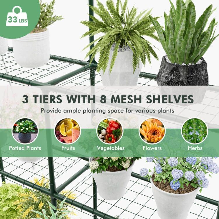 Eletriclife Walk-in Greenhouse with 3 Tiers 4 Shelves, PVC Cover, Roll-up Zippered Door