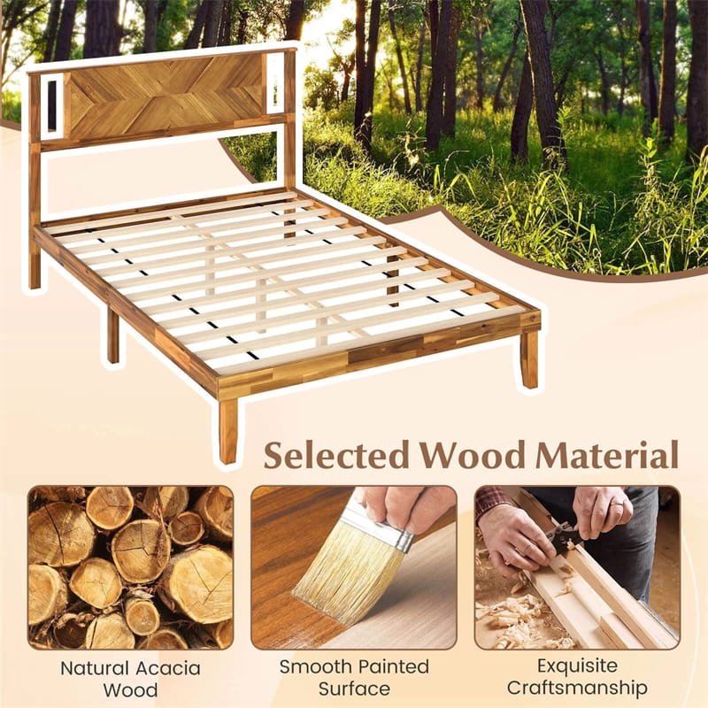 Eletriclife Twin/Full/Queen Size Acacia Wood Platform Bed Frame with Headboard & Under-Bed Space