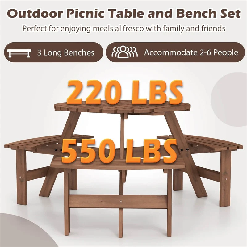 Eletriclife 6-Person Outdoor Round Wood Picnic Table Set with 3 Built-in Benches & 2" Umbrella Hole