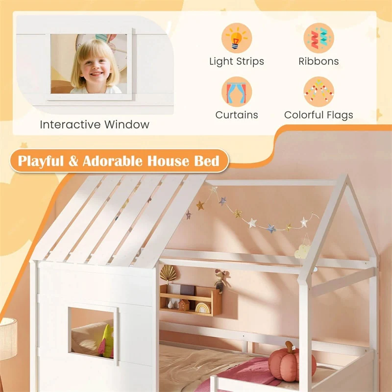 Eletriclife Twin Loft Bed with LED Lights, Kids House Bed with Roof & Window