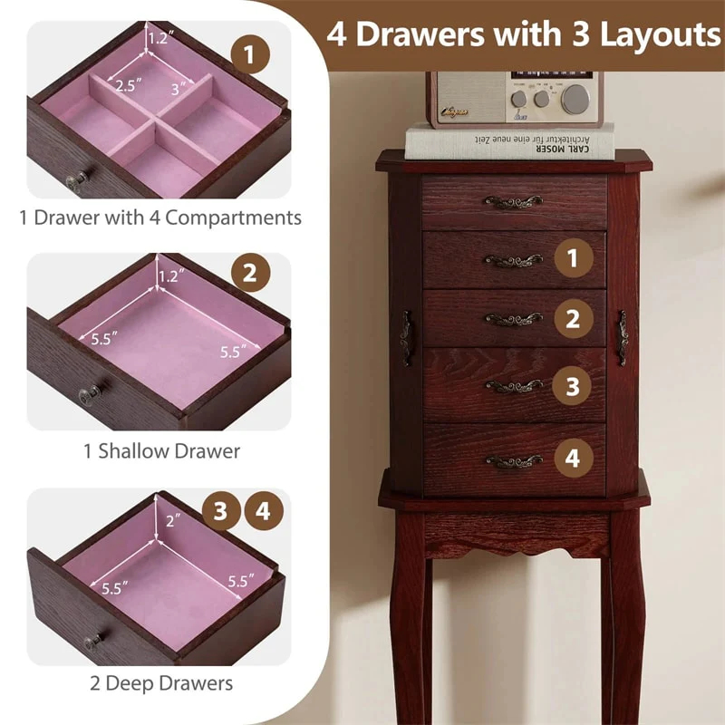 Eletriclife Standing Jewelry Armoire Cabinet with Flip Top Mirror & 4 Drawers for Bedroom