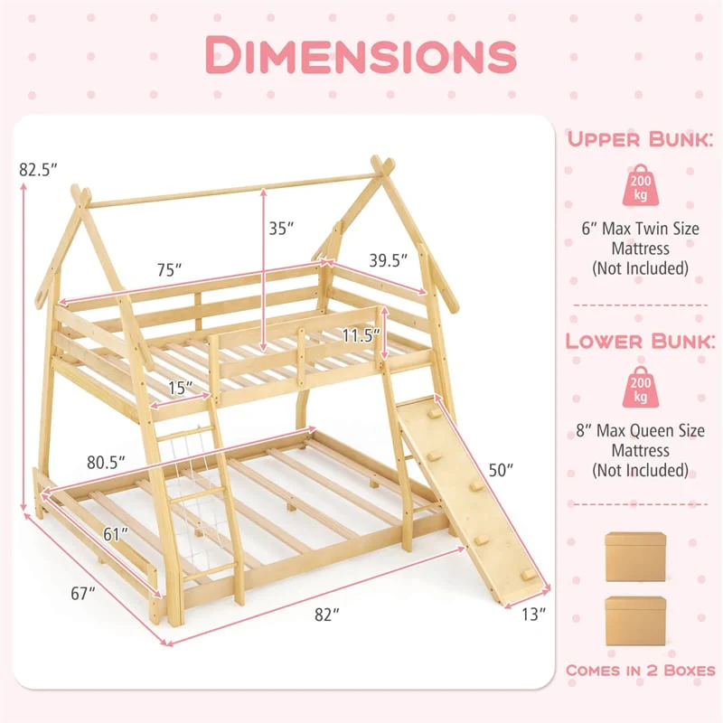 Eletriclife Twin Over Queen House Bunk Bed with Climbing Nets & Ramp for Kids Adults