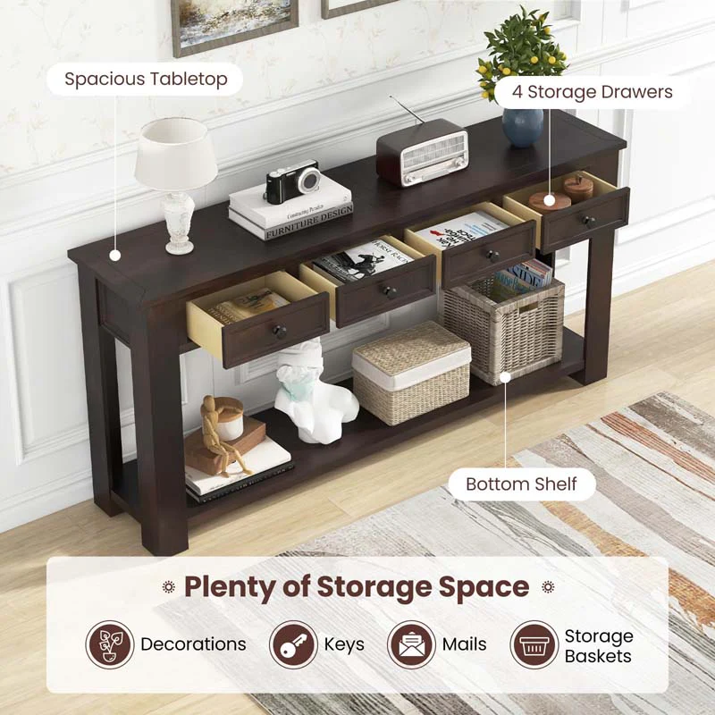 Eletriclife 63 Inches Farmhouse Entryway Table with 4 Storage Drawers and Open Shelf