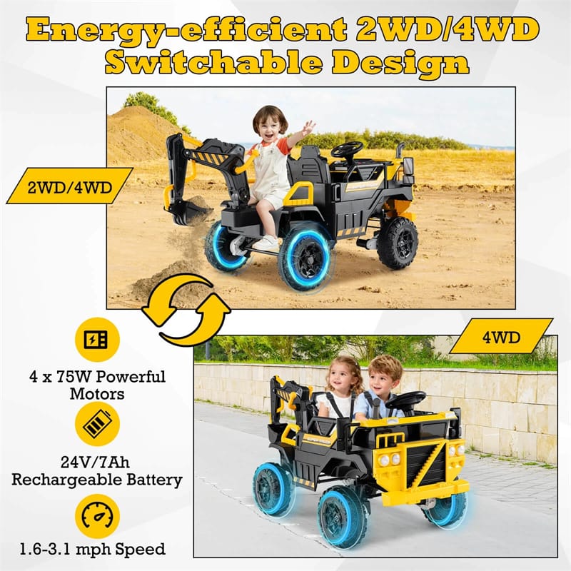 Eletriclife 24V Ride-On Excavator 4WD Electric Construction Truck with Remote Control for Kids Ages 3