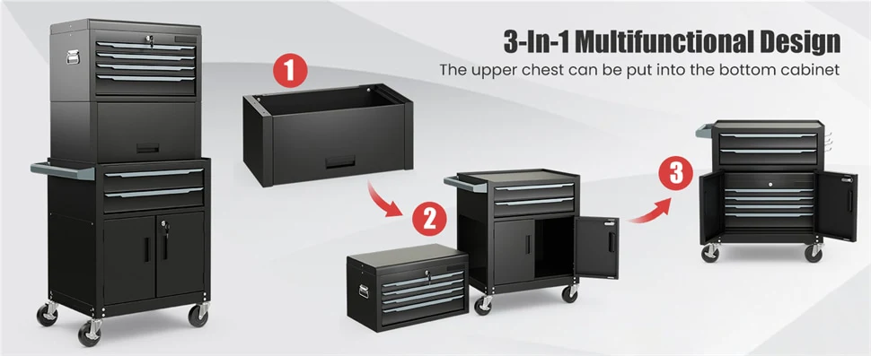 Eletriclife 3-in-1 Rolling Tool Chest 6-Drawer Heavy Duty Steel Tool Cabinet with Lockable Toolbox & Universal Wheels
