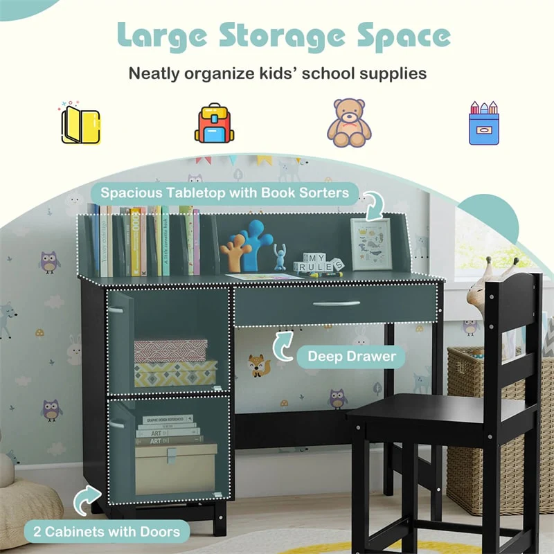 Eletriclife Wooden Kids Desk and Chair Set with Hutch, Storage Drawer & Cabinet