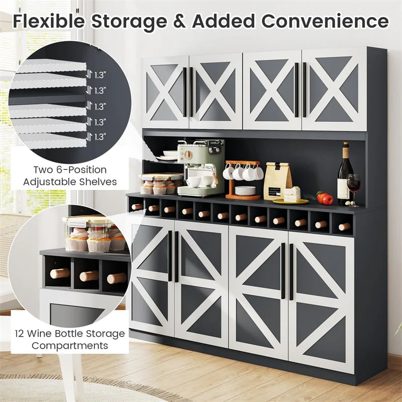 Eletriclife 70" Tall Farmhouse Pantry Cabinet Kitchen Buffet Hutch with 12-Bottle Wine Rack