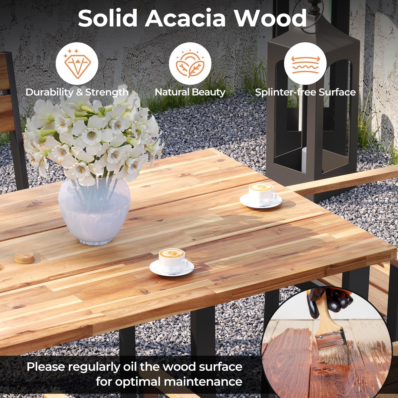 Eletriclife 7 Pieces Acacia Wood Patio Dining Set with 2 Inches Umbrella Hole