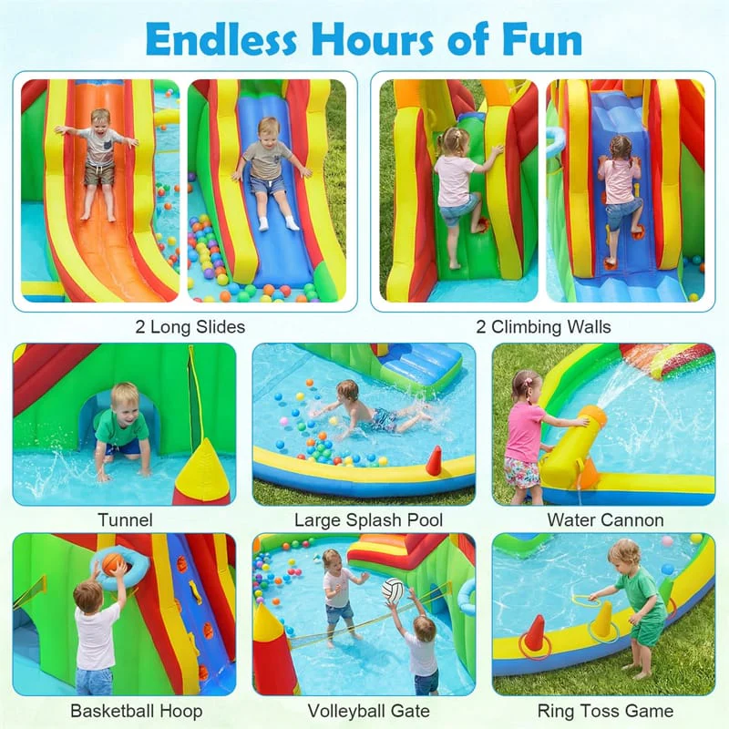 Eletriclife 8-in-1 Inflatable Water Slide Park Giant Backyard Bounce House with 2 Long Slides & Climbing Walls