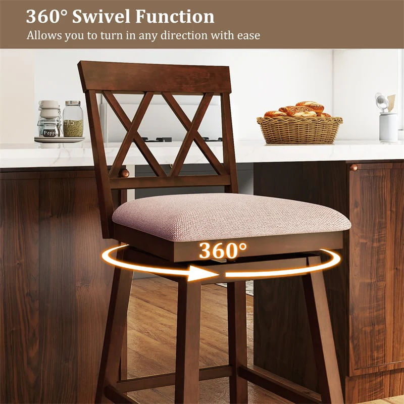 Eletriclife Set of 2 Swivel Bar Stools 29" Bar Height Chairs with Back, Padded Seat & Rubber Wood Frame for Kitchen Island