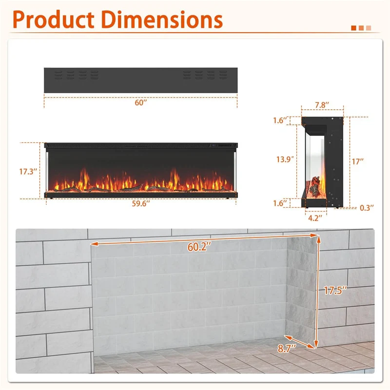 Eletriclife 60 Inches 3-Sided Electric Fireplace Insert 750W/1200W Recessed Heater with 12 Flame Colors & Remote Control