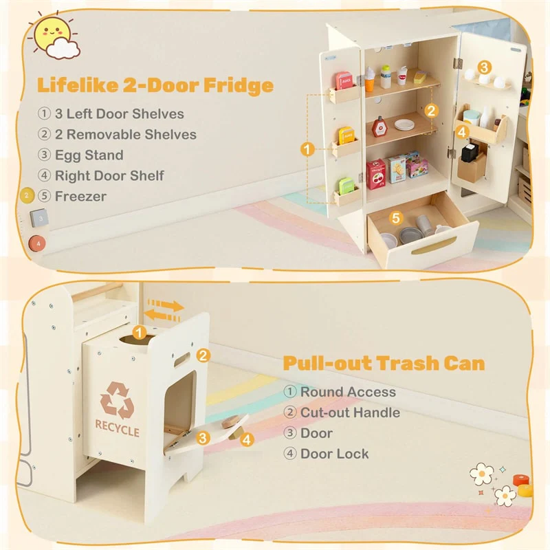 Eletriclife Corner Kids Kitchen Playset with Trash Can, Real Lights & Sounds, 2-Door Fridge