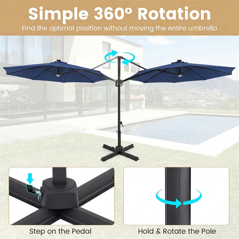 Eletriclife 10FT Cantilever Patio Umbrella with 36 Solar LED Lights 360° Rotation Offset Hanging Umbrella for Pool Yard