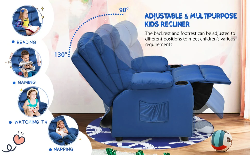 Eletriclife Kids Recliner Chair Adjustable Velvet Lounge Sofa with Cup Holders & 3 Pockets