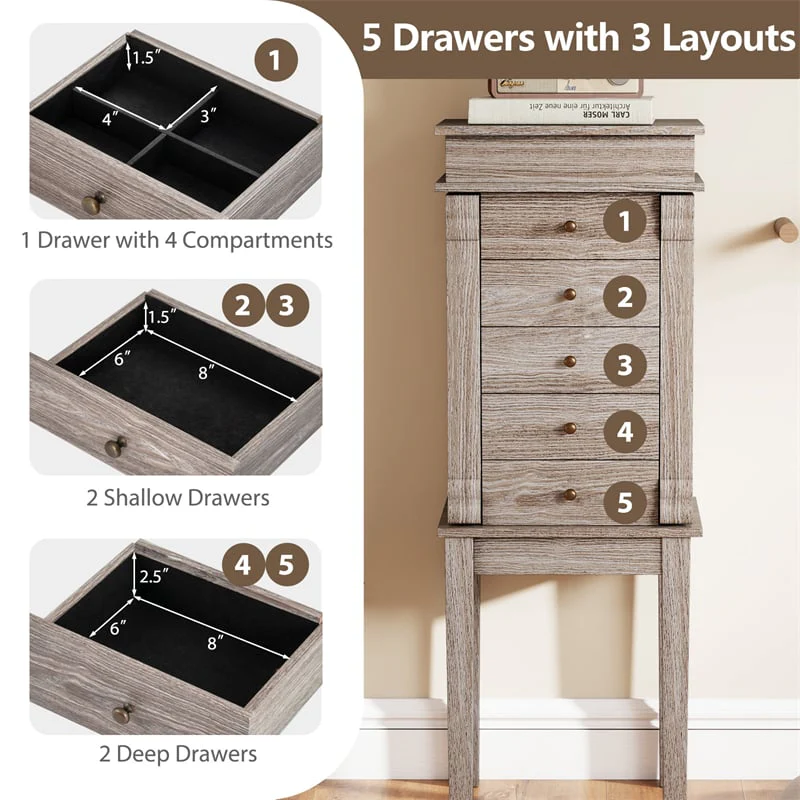 Eletriclife Standing Jewelry Armoire Cabinet with Flip Top Mirror, 5 Drawers & 2 Swing Doors