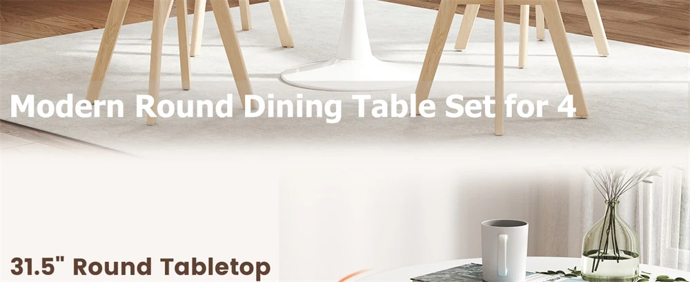 Eletriclife Modern 5-Piece Round Dining Table Set for 4 with 4 Padded Chairs & Solid Wood Legs