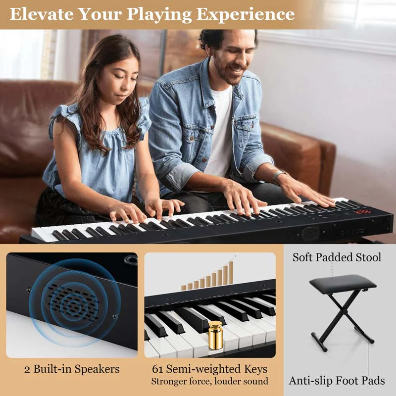 Eletriclife 61-Key Portable Electronic Keyboard Digital Piano Set with Stand and Stool