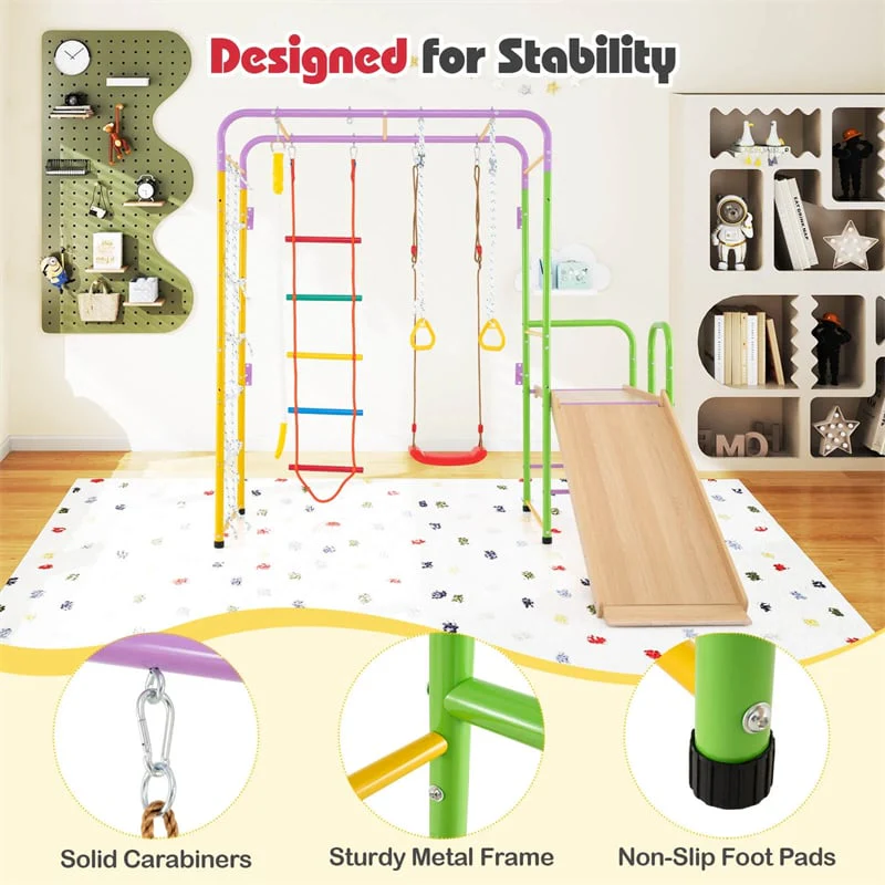 Eletriclife 8-in-1 Steel Montessori Climbing Toys Indoor Playground Jungle Gym with Slide for Toddlers & Kids
