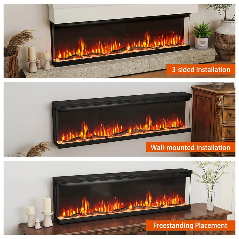 Eletriclife 60 Inches 3-Sided Electric Fireplace Insert 750W/1200W Recessed Heater with 12 Flame Colors & Remote Control