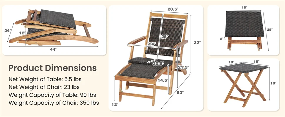 Eletriclife 3-Piece Patio Lounge Chair Set Acacia Wood Rattan Wicker Folding Chaise Lounge with Retractable Ottoman & Side Table