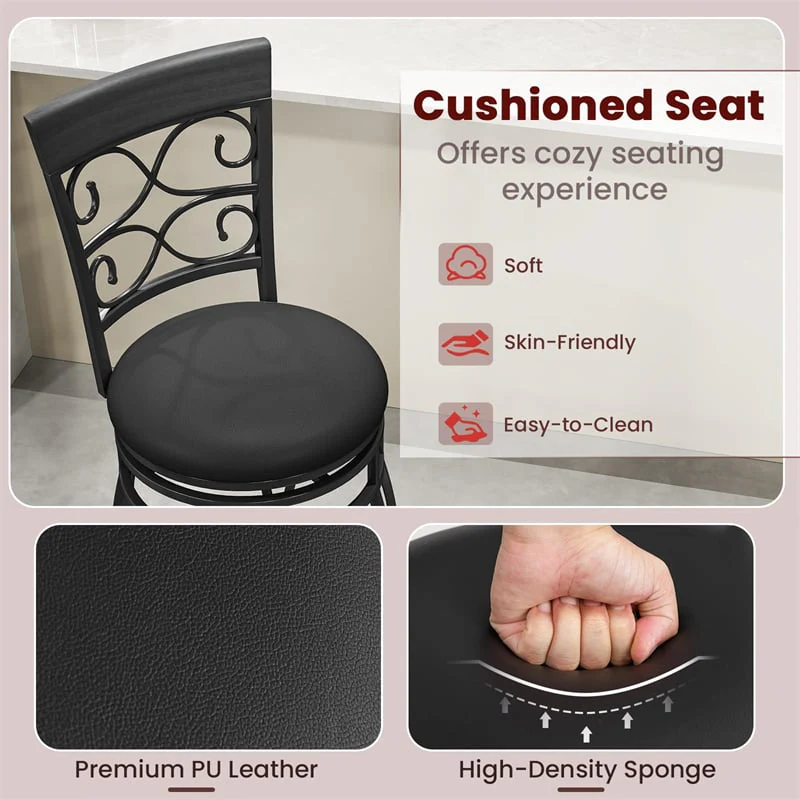 Eletriclife 26" Swivel Metal Bar Stools Set of 2 Vintage Upholstered Counter Height Bar Chairs with Back for Kitchen Island, Pub