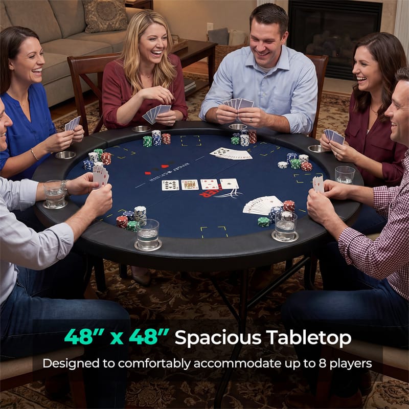 Eletriclife 48" Foldable Poker Table 8 Player Round Texas Holdem Casino Game Table with 8 Cup Holders for Blackjack Club
