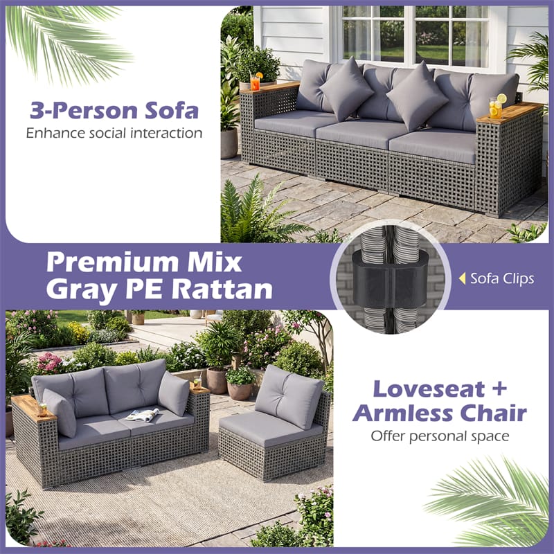 Eletriclife 86.5" 3-Seat Patio Wicker Sofa 3PCS Modular PE Rattan Sectional Furniture Set with Cup Holders
