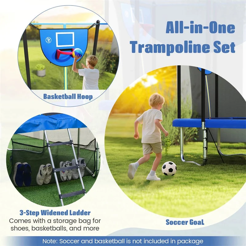Eletriclife 10x8 FT ASTM Approved Rectangular Trampoline with Basketball Hoop, Soccer Goal, Enclosure Net for Kids & Adults