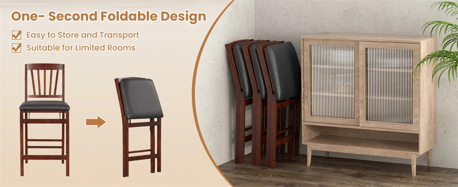 Eletriclife Set of 2 Folding Counter Height Bar Stools 24.5" Portable Kitchen Island Chairs with Padded Seat Rubber Wood Legs