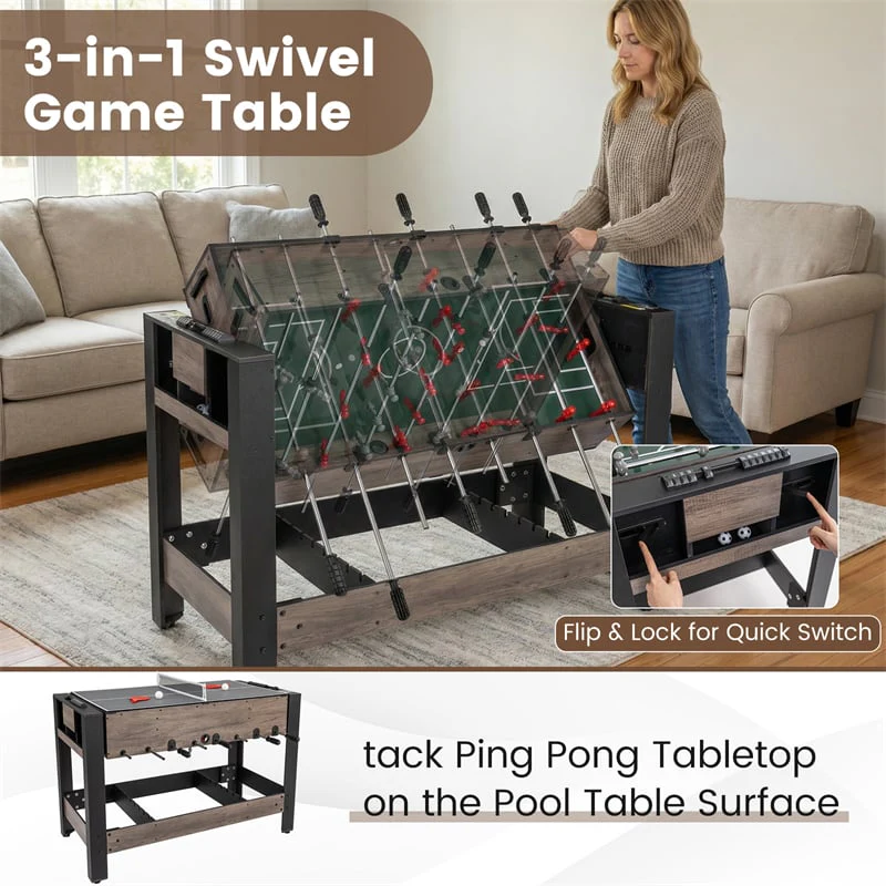 Eletriclife 3-in-1 Multi Game Table 49" Swivel Combo Game Table with Foosball, Pool & Table Tennis for Indoor Arcade Game Room