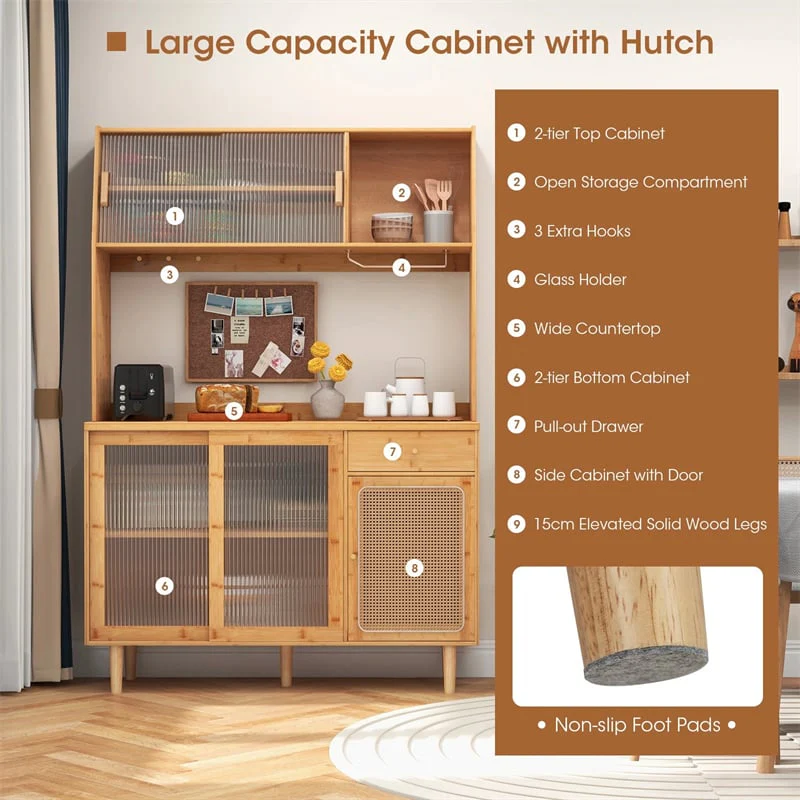 Eletriclife 69" Tall Bamboo Kitchen Pantry Hutch Cabinet Freestanding Buffet Sideboard with Wine Storage for Coffee Bar