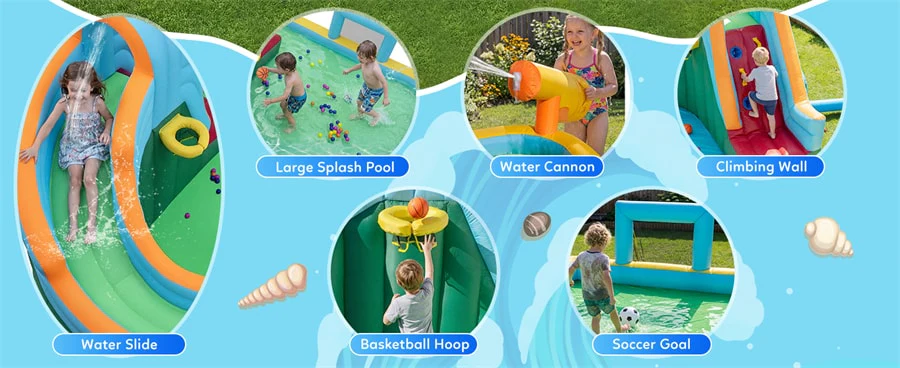 Eletriclife 6-in-1 Inflatable Water Slide Park Giant Bounce House with Splash Pool for Kids Backyard Outdoor Indoor