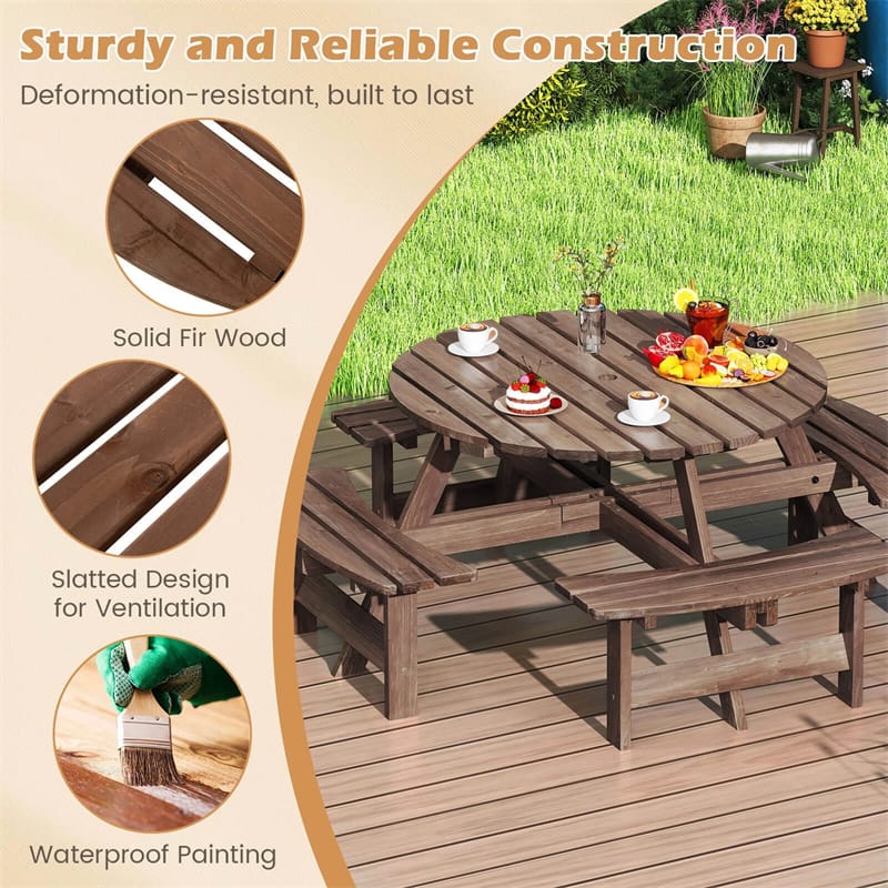 Eletriclife Oudtoor 8-Person Round Wood Picnic Table Set with 4 Built-in Benches & 2" Umbrella Hole for Patio Backyard Garden