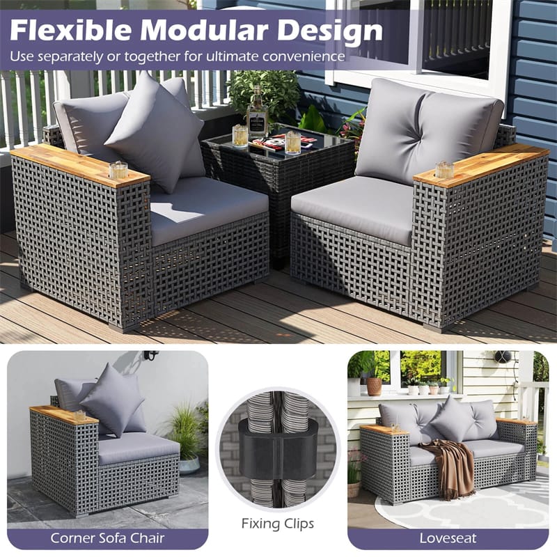 Eletriclife 62.5" Modular Patio Wicker Loveseat with Acacia Wood Armrests & Cup Holders for Garden Backyard