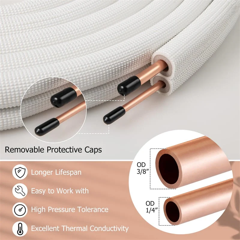 Eletriclife 25/50 FT Mini Split Line Set 1/4" and 3/8" Copper Pipes Tubing Extension for Air Conditioner & Heat Pump Systems