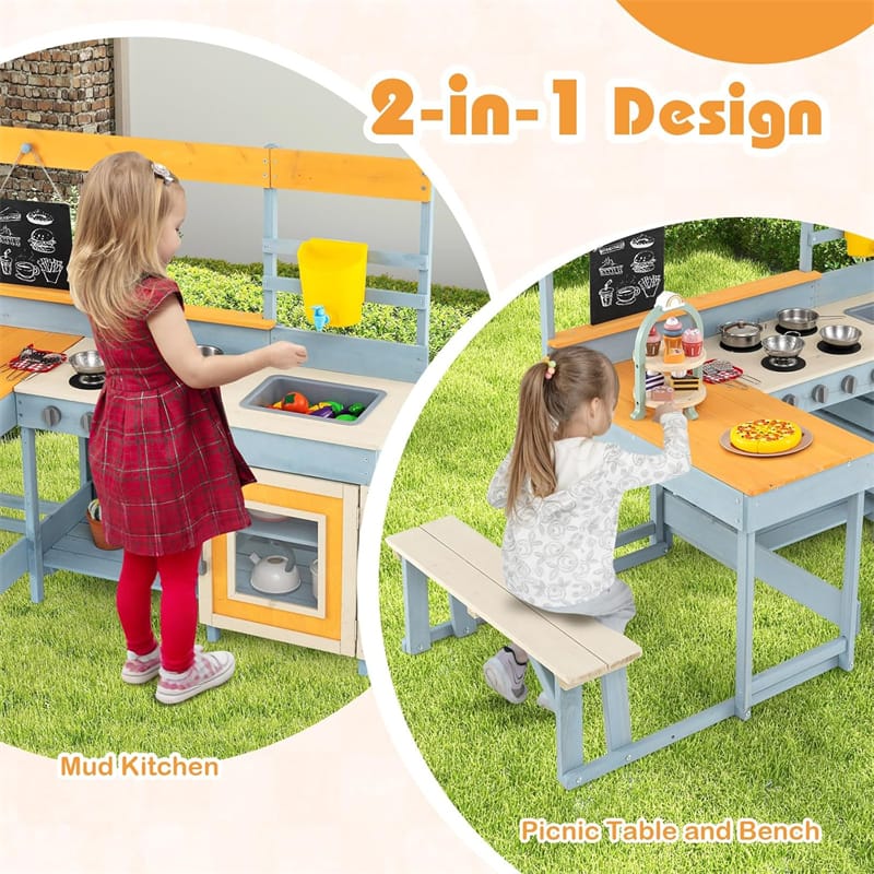 Eletriclife 2-in-1 Fir Wood Outdoor Mud Kitchen & Kids Picnic Table Built-in Bench & Blackboard