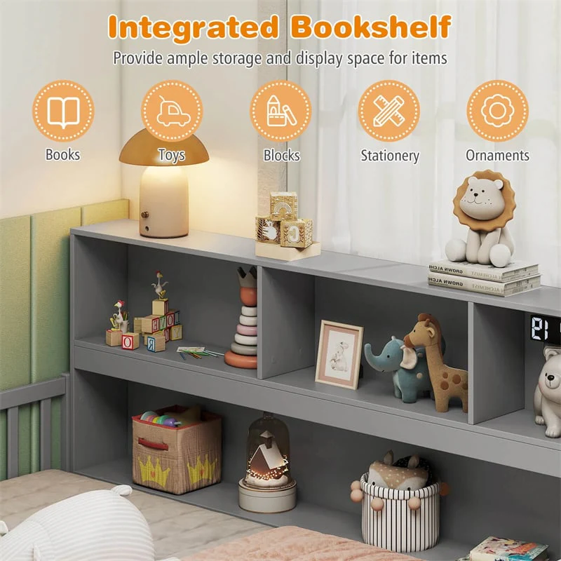 Eletriclife Twin Montessori Floor Bed with Bookcase & Safety Fence Rails for Kids