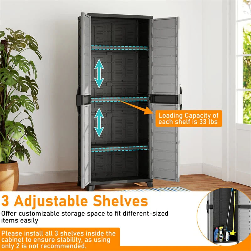 Eletriclife 68" Lockable Plastic Storage Cabinet with 3 Adjustable Shelves for Garage Organizer, Basement & Office
